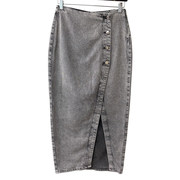 Zara Dresses & Skirts - Zara Women Asymmetrical Button Front Denim Midi Skirt Size M Grey Acid Wash Slit